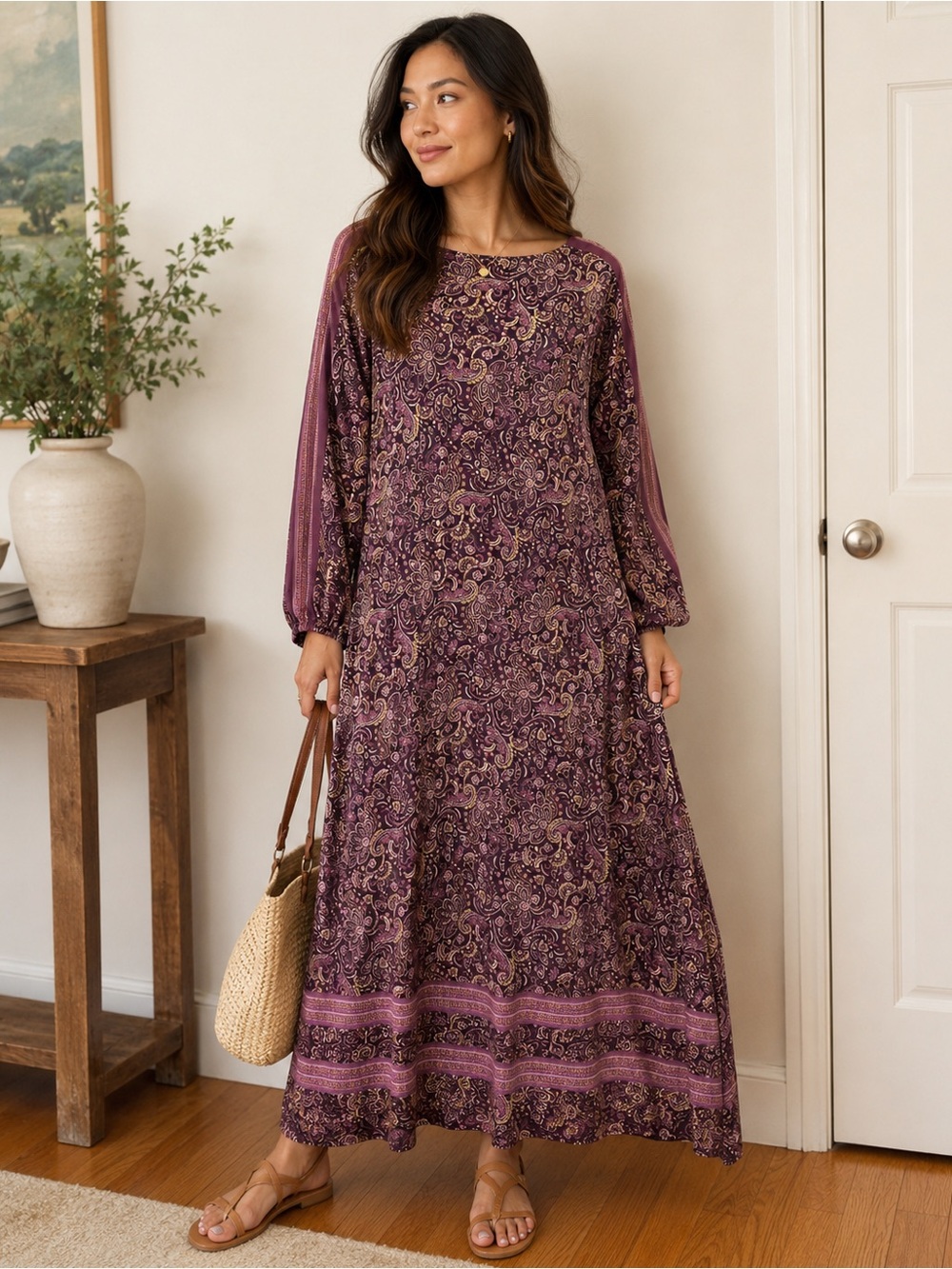 Elegant Purple Paisley Maxi Dress